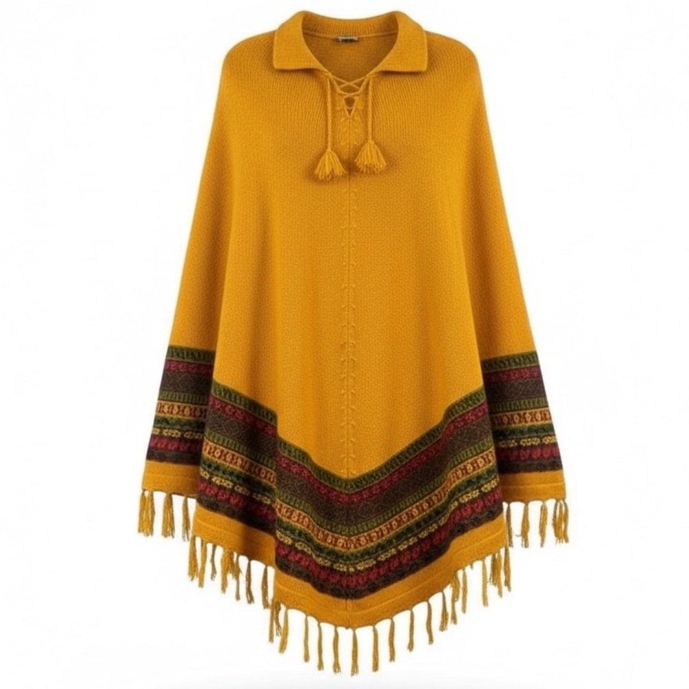 Peruvian Alpaca Poncho Mustard Fringe Olive Wine Brown Fair Isle Pattern